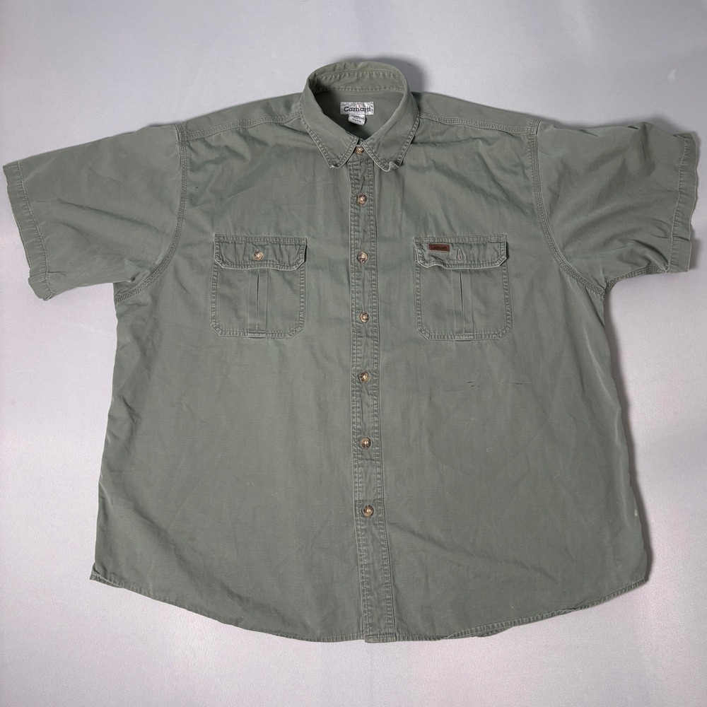 Carhartt Mens 2XL Short Sleeve Button Down Work Shirt Sage Green Cotton S110LMO